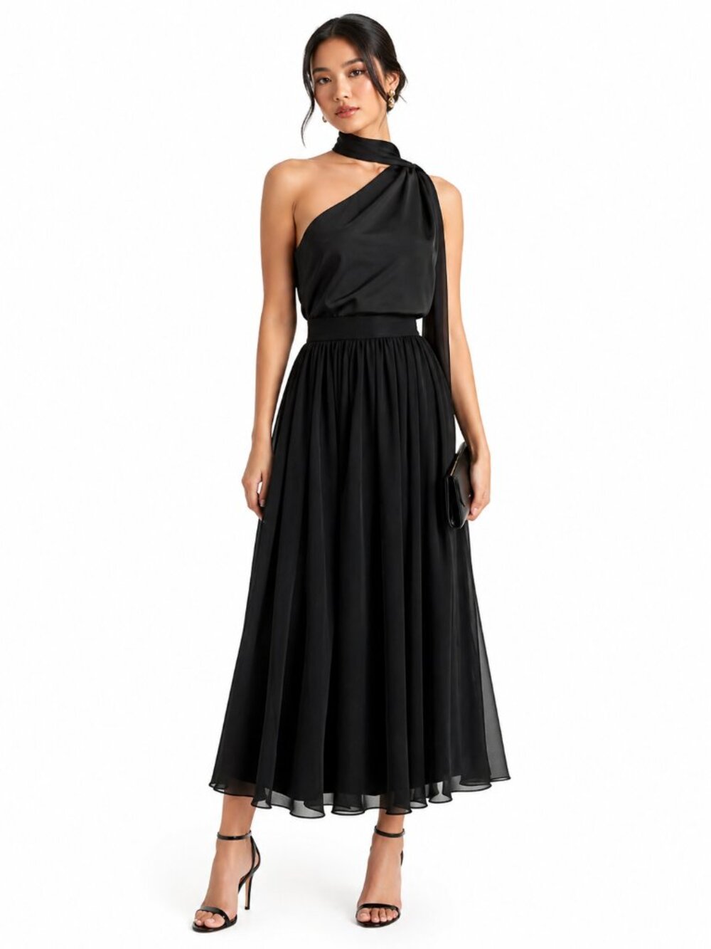 Vtg Adrianna Papell Black Chiffon Midi Skirt Flowy A-Line Elegant Minimalist 6